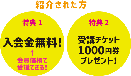 【紹介された方】特典1：入会金無料！（会員価格で受講できる！）　特典2：受講チケット1000円券プレゼント！