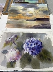 紫陽花と風景を描く