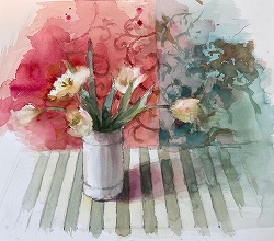 背景に布を垂らして春の花