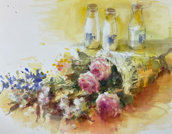 花瓶以外のものに入っている花を描く