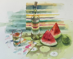 水を入れたガラス器と柄布を組み合わせて描く