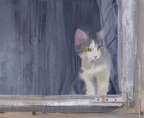 滲みで描く「雨の窓辺のネコ」