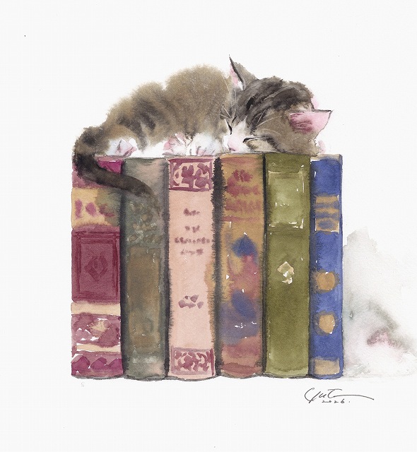 滲みで描く「古い洋書と子猫」