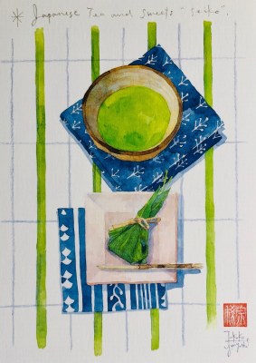 旅の水彩スケッチ　京の和菓子を描く
