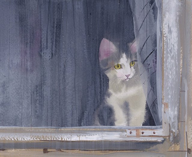 滲みで描く「雨の窓辺のネコ」